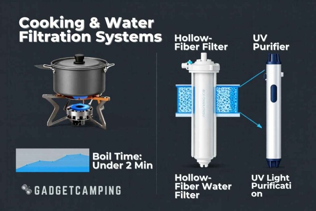 An infographic illustrating what is technical camping gear for camp kitchens and hydration, titled Cooking and Water Filtration Systems by Gadget Camping. It displays an efficient backpacking stove with a boil time under 2 minutes alongside a hollow-fiber water filter and a UV purifier device for advanced water purification.