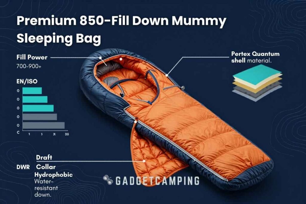 An infographic demonstrating what is technical camping gear for sleep systems, featuring a premium 850-fill down mummy sleeping bag by Gadget Camping. The diagram highlights an EN/ISO temperature rating scale, Pertex Quantum shell material layers, a draft collar, and hydrophobic water-resistant down with 700-900+ fill power.