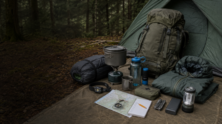 Camping essentials checklist with a tent, backpack, sleeping bag, stove, water bottle, first-aid kit, map, headlamp, lantern and safety gear.