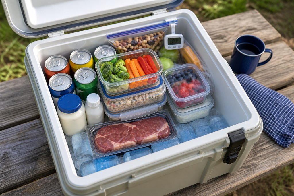 Open camping cooler with a thermometer inside, block ice and frozen bottles at the bottom, sealed food containers layered above, and drinks packed near the top.