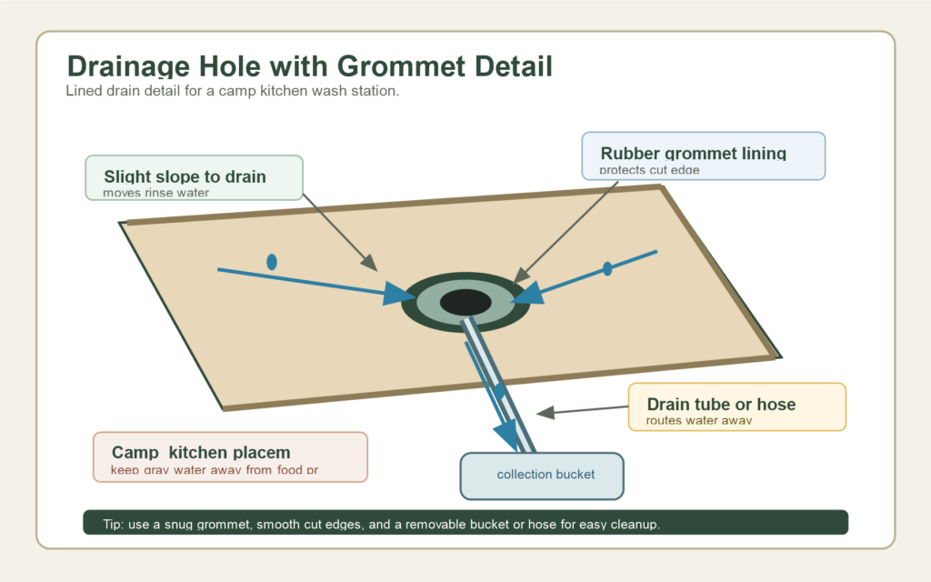 Camp kitchen drainage hole diagram showing a rubber grommet, sloped wash surface, drain hose, and collection bucket.