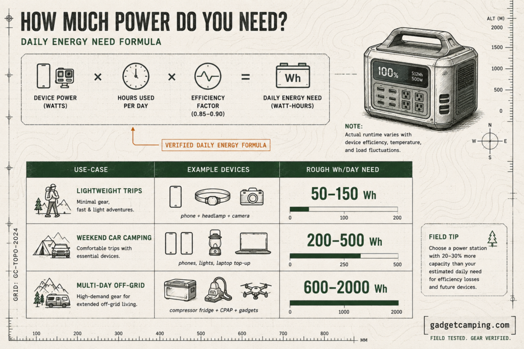 Portable power station for camping energy needs chart with daily watt-hour requirements by camping style.