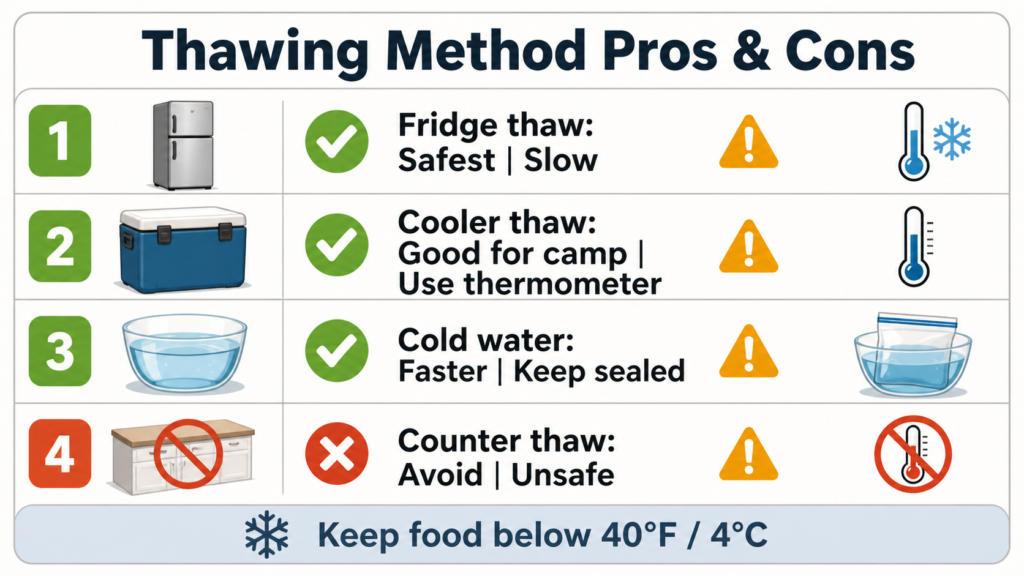 Camp kitchen thawing checklist comparing fridge, cooler, cold-water, and counter thawing methods with food-safety pros and cons.